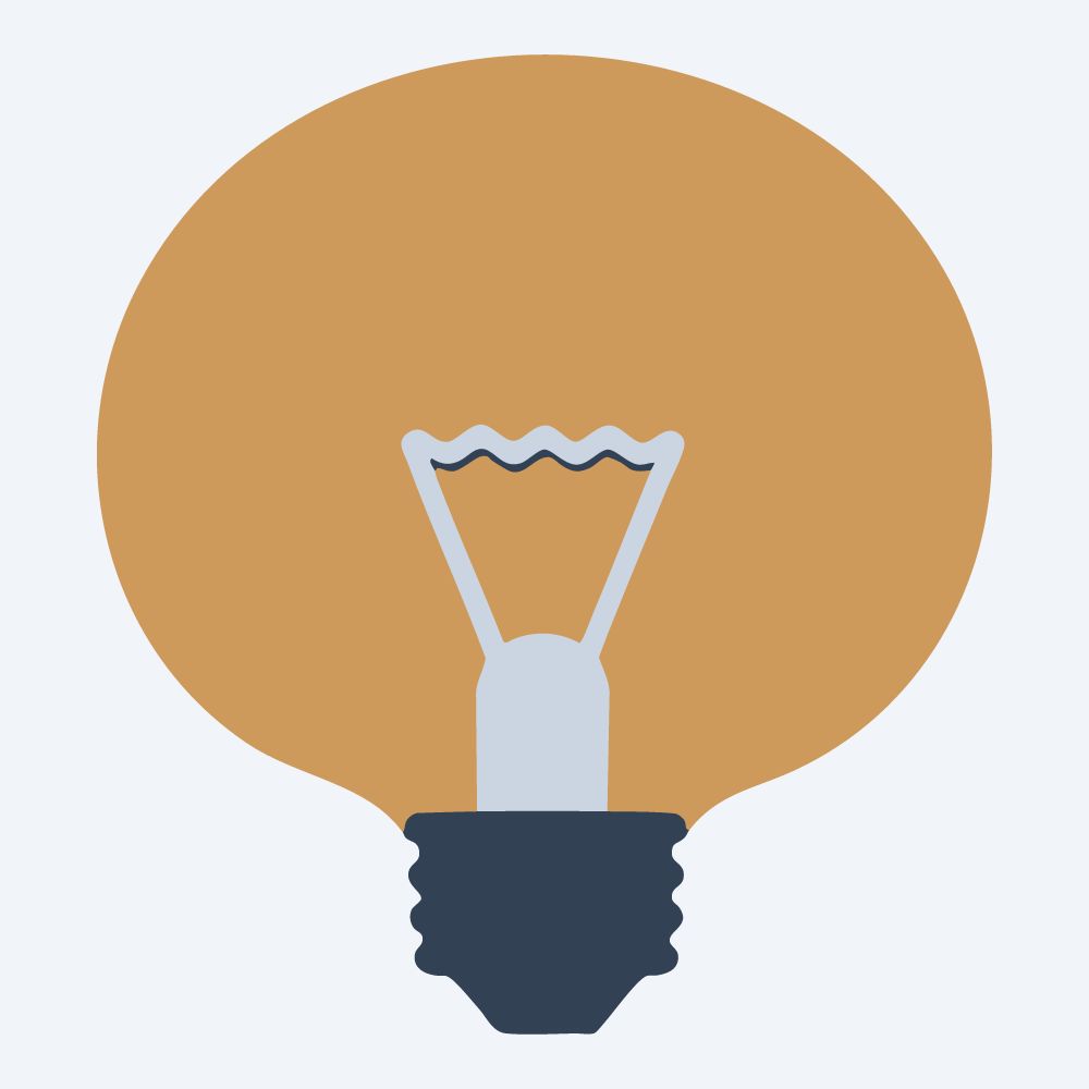 round light bulb drawing, front view, flat 3-color in amber and slate