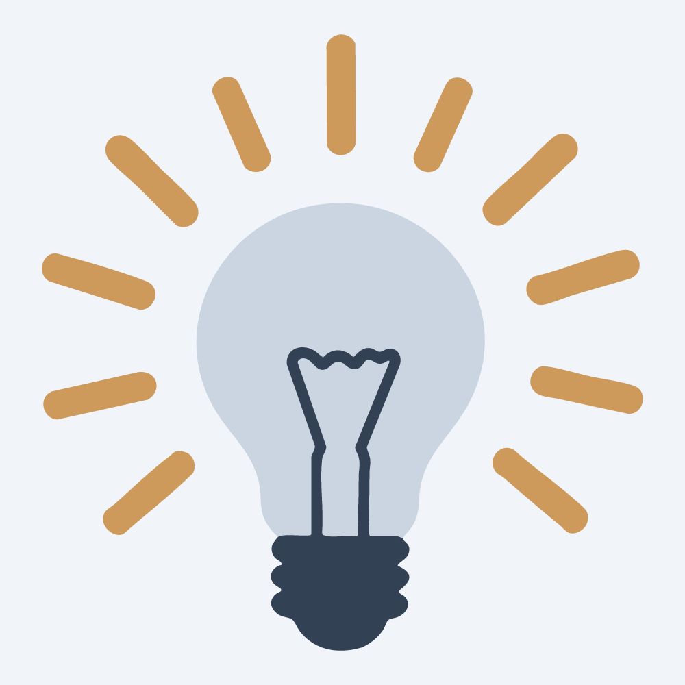 glowing light bulb drawing, front view, flat 3-color in amber and slate