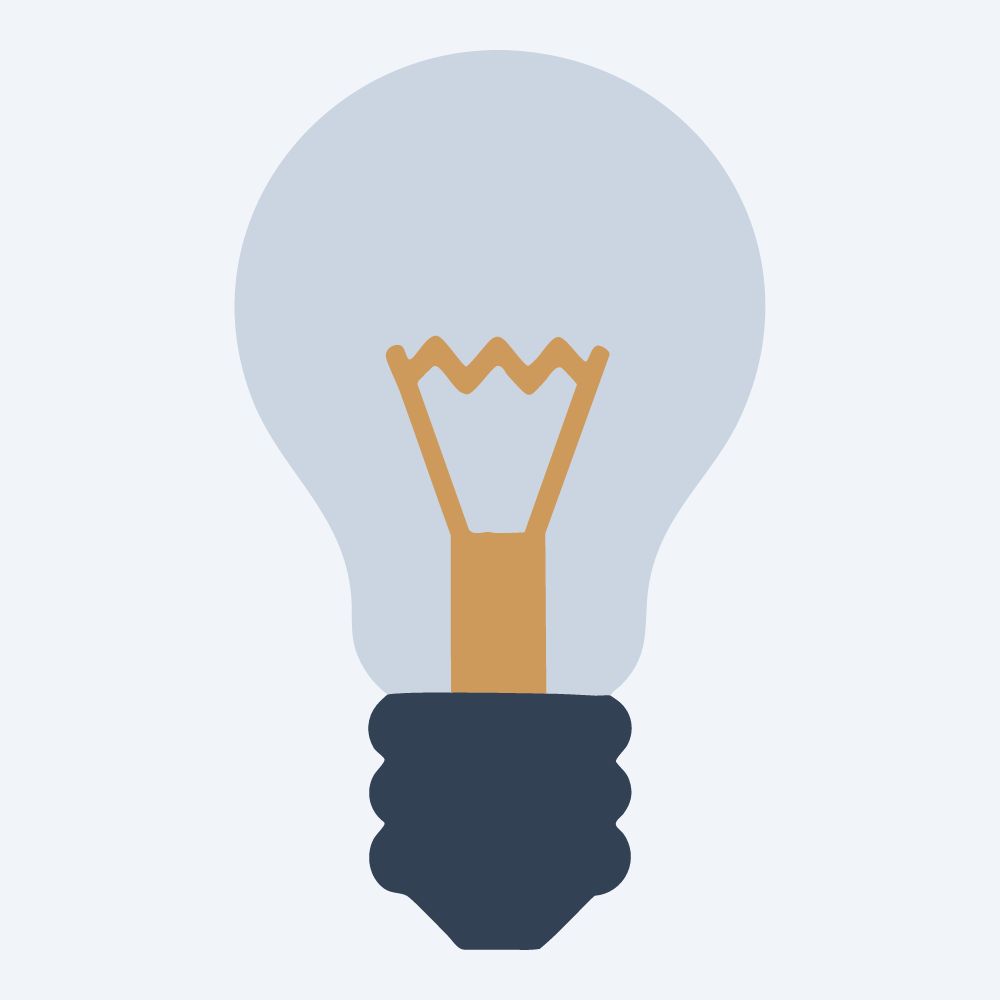 geometric light bulb drawing, front view, flat 3-color in amber and slate