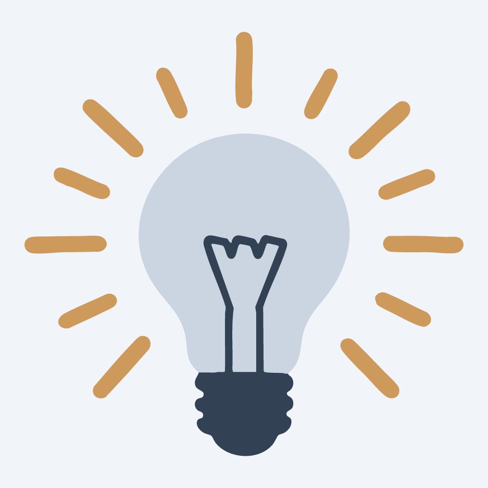 glowing light bulb drawing, front view, flat 3-color in amber and slate