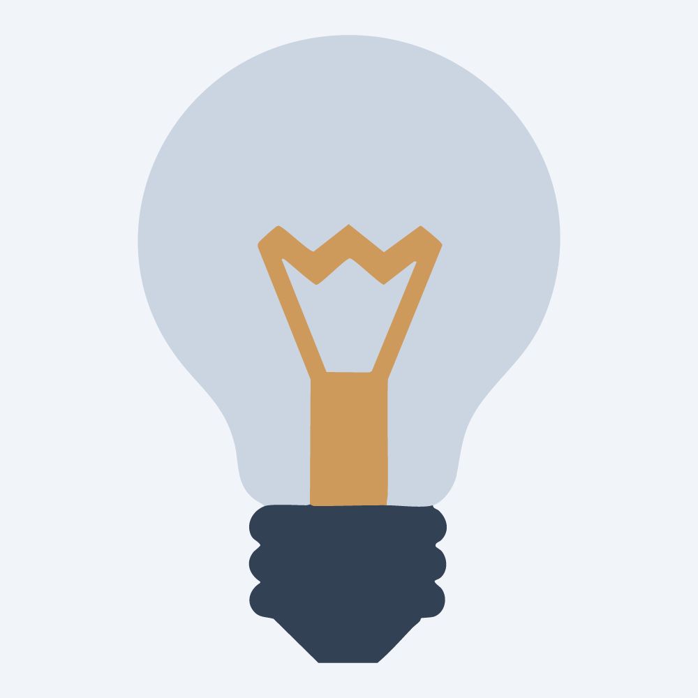 geometric light bulb drawing, front view, flat 3-color in amber and slate