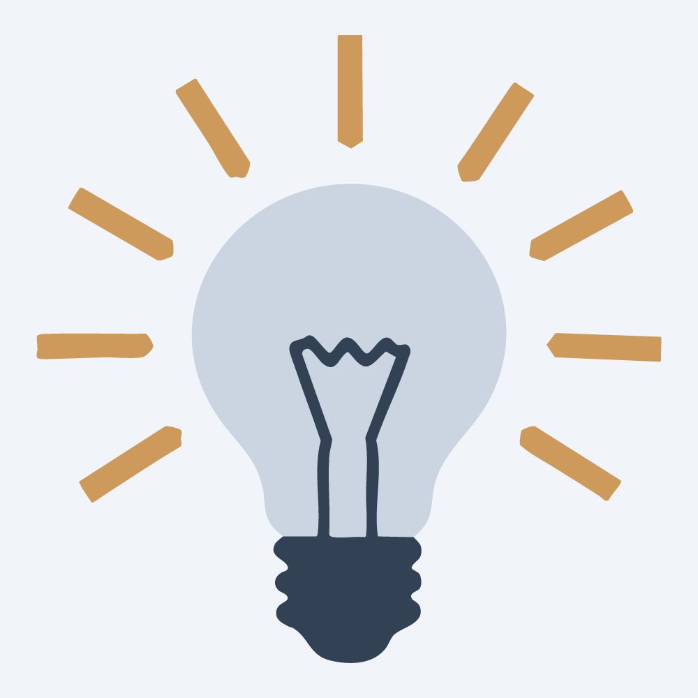 glowing light bulb drawing, front view, flat 3-color in amber and slate