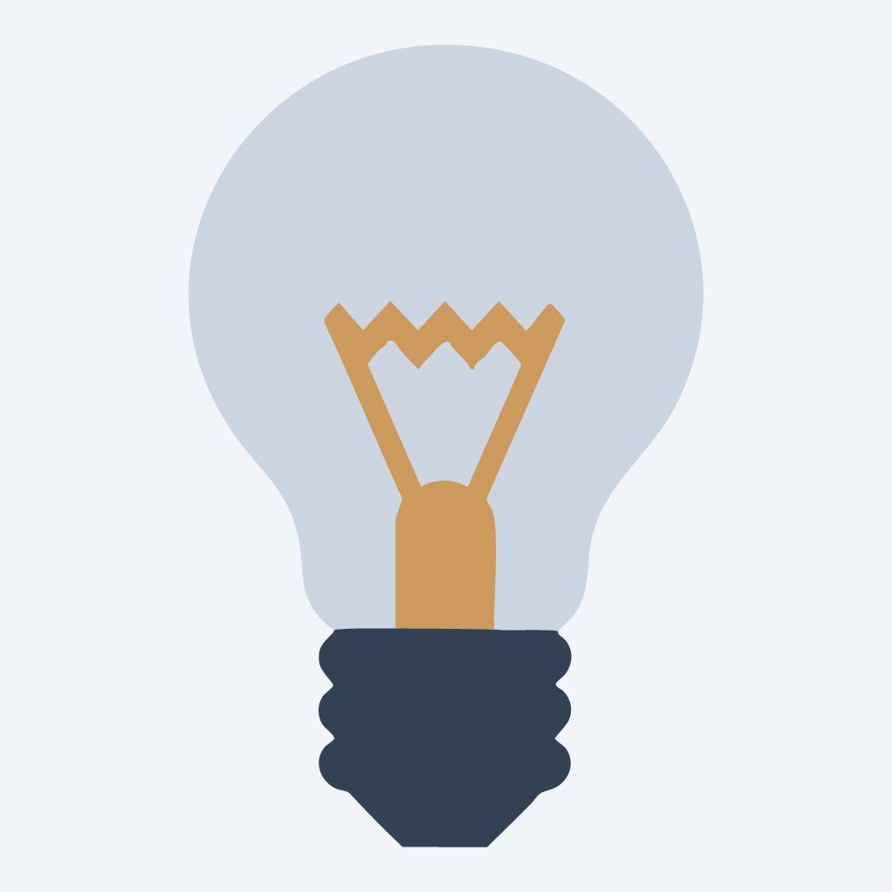 geometric light bulb drawing, front view, flat 3-color in amber and slate