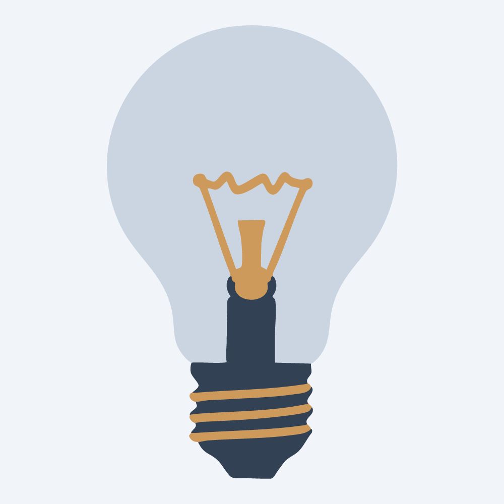 classic light bulb drawing, front view, flat 3-color in amber and slate