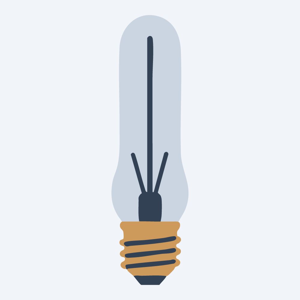 slender filament bulb drawing, side view, flat 3-color in amber and slate