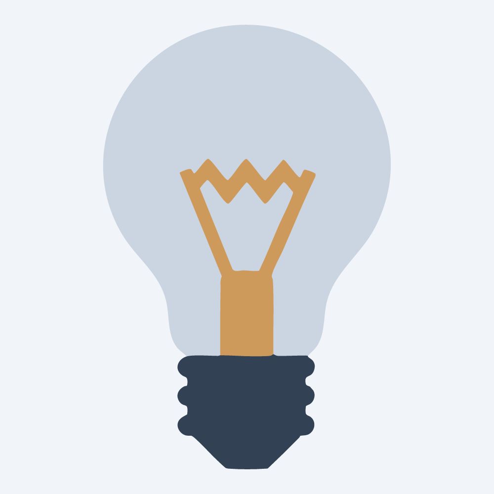 geometric light bulb drawing, front view, flat 3-color in amber and slate
