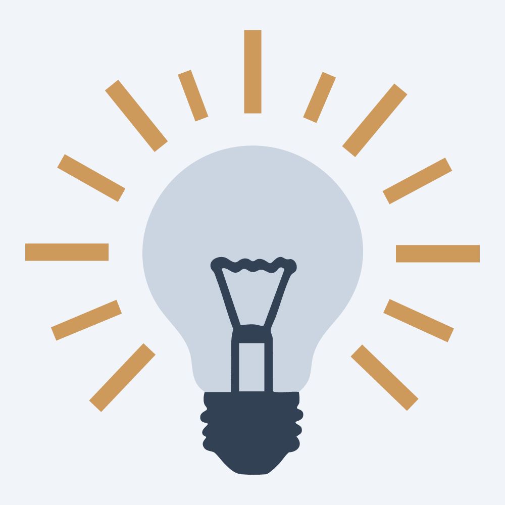glowing light bulb drawing, front view, flat 3-color in amber and slate