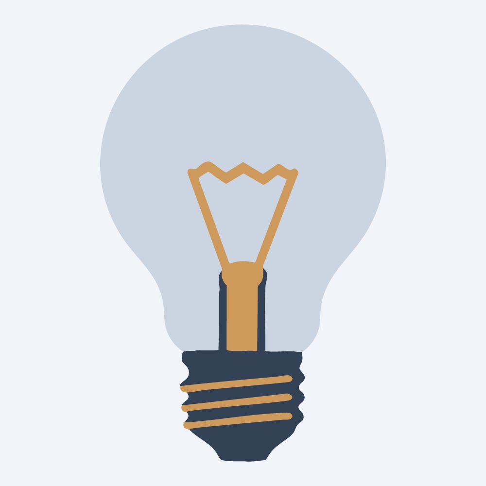 classic light bulb drawing, front view, flat 3-color in amber and slate