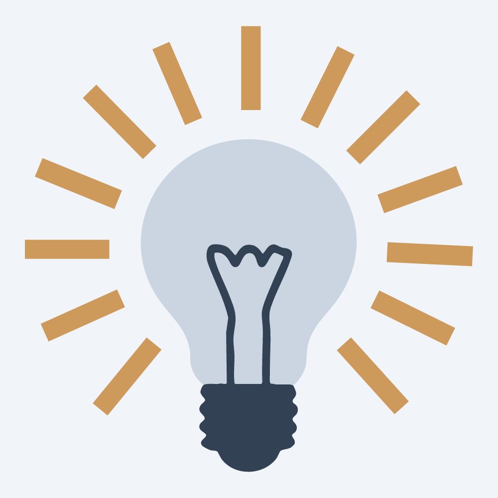 glowing light bulb drawing, front view, flat 3-color in amber and slate