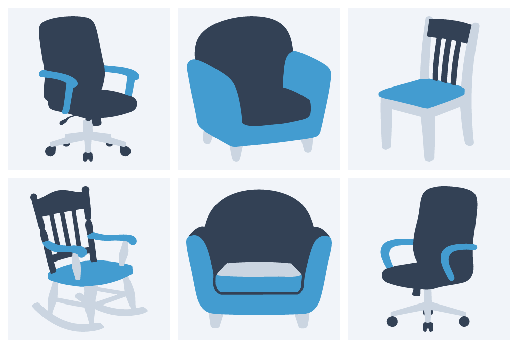 Chair 3 Color Vectors: rolling office chair, chubby armchair, wooden kitchen chair, wooden rocking chair