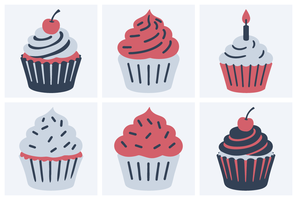 Cupcake 3 Color Vectors: cupcake with a cherry, sprinkle cupcake, birthday cupcake with a candle