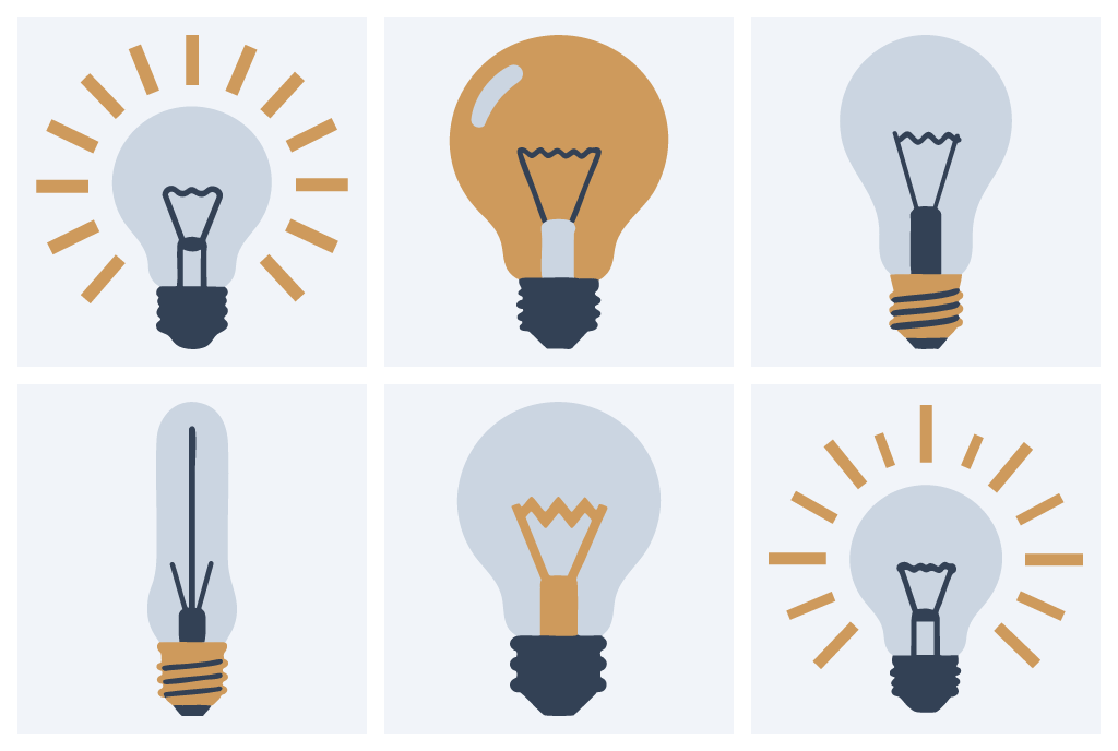 Light Bulb 3 Color Drawings: glowing light bulb, round light bulb, slender filament bulb, geometric light bulb